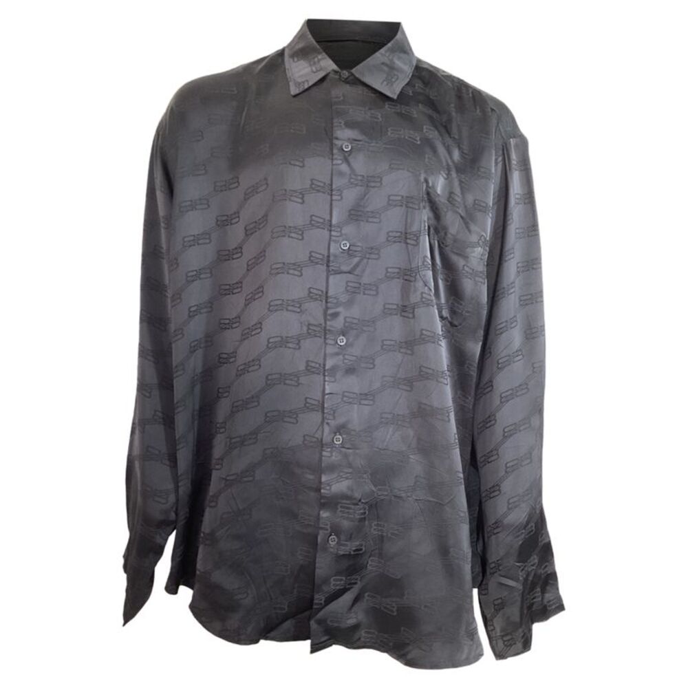 Balenciaga BB Logo Print Long Sleeve Shirt in Black Silk